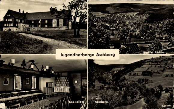 Ak Aschberg Klingenthal in het Vogtland in Saksen, jeugdherberg, eetkamer, landschap, 4-persoonskamer...