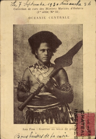 Postcard Fiji, warriors in gala dress