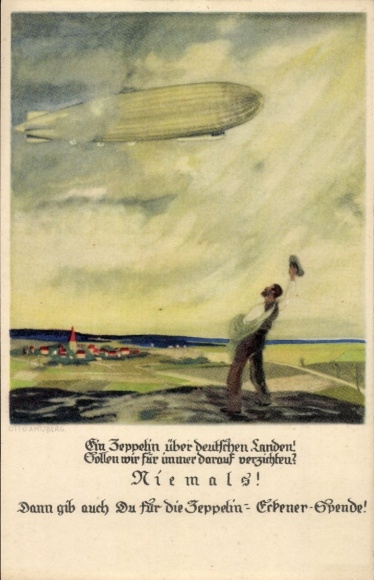 Artist Postcard Amtsberg, Otto, Zeppelin Eckener donation, waving man, airship