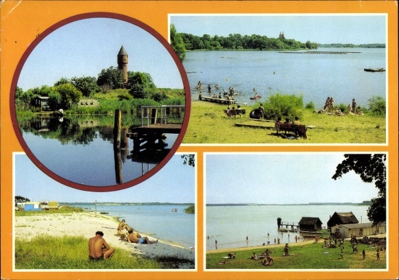 Postcard Lübz in Mecklenburg, on the Elde, Dobbertin See, Karow-bar campsite, Goldberg am See