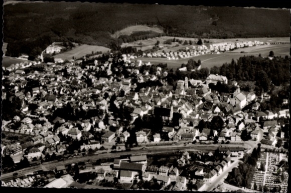 Postcard Leutkirch im Allgäu Württemberg, aerial photograph, city view, houses, fields and forest, s picture.