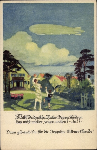 Artist PC Amtsberg, Otto, German mother shows children airship, Zeppelin Eckener donation