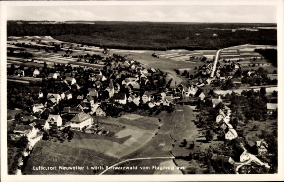 Postcard Neuweiler in the Black Forest, climatic health resort aerial view, houses, fields, forest