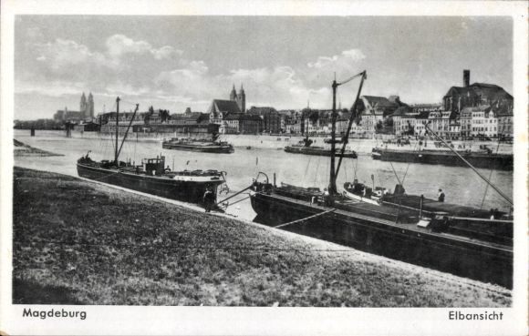 Ak Magdeburg in Sachsen Anhalt, Elbansicht mit Lastkähnen