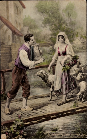 Ansichtkaart Parijs IV Ile de la Cité, man en vrouw in traditionele kledij op een brug, op de achtergrond...