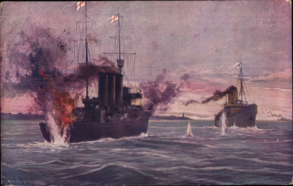 Artist PC Schulze, Hans Rudolf, German warship, Queen Luise, English minesweeper
