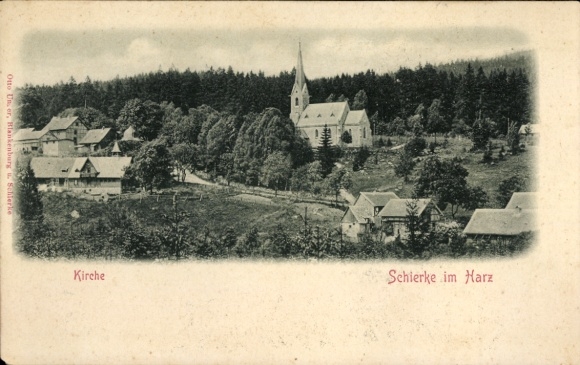 Postcard Schierke Wernigerode in the Harz, church, rural houses, trees, mountain landscape