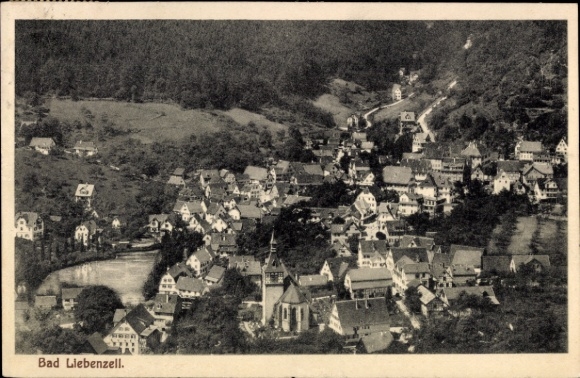PC Bad Liebenzell in the Black Forest, landscape with houses, church, river, forest, inscription 'Bad