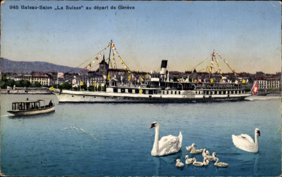 PC Geneva city, saloon steamer La Suisse, swans