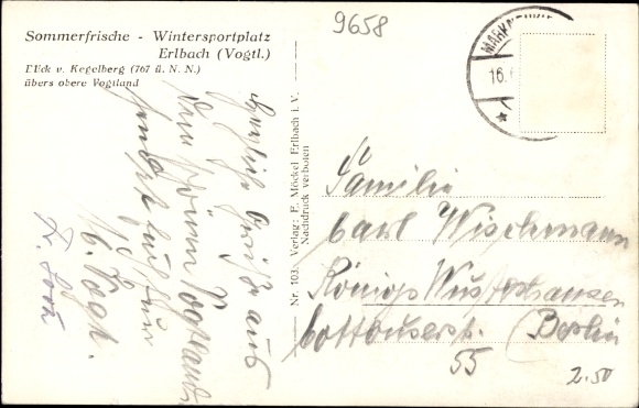 Postcard Erlbach Markneukirchen in the Vogtland of Saxony, view of the village from Kegelberg