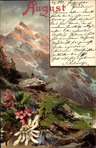 Artist Chromo-Litho Guggenberger, Thomas, August, mountain landscape, mountain blossoms