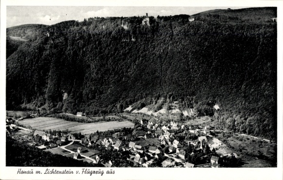 Postcard Honau Lichtenstein in Württemberg, aerial view of Honau with Lichtenstein, mountain landscape, Hä