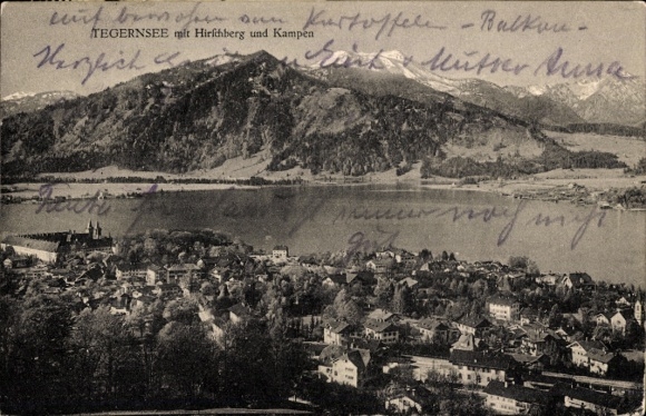 Postcard Tegernsee in Upper Bavaria, mountains, water, city view, old