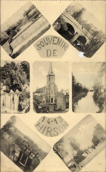 Postcard Hirson Aisne, souvenir card, pictures of bridges, waterfalls, church