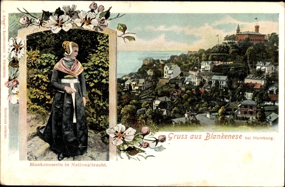 PC Hamburg Altona Blankenese, woman in national costume, total view of the village