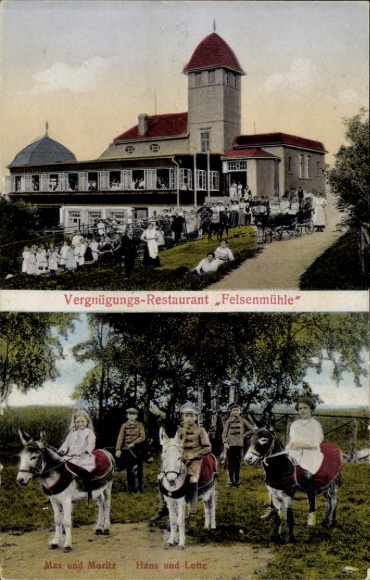 Postcard Spreedorf Ebersbach in Upper Lusatia, entertainment restaurant Felsenmühle, donkey