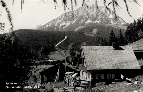Postcard Ramsau in Berchtesgadener Land Upper Bavaria, landscape with mountain, wooden houses, alpine pasture, black and white