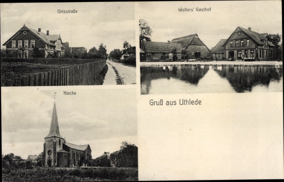Postcard Uthlede in Lower Saxony, church, Wolter's inn, local road