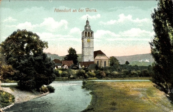 KP Allendorf an der Werra Hesse, wieża kościoła, rzeka