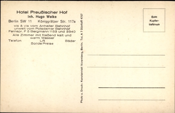 Postcard Berlin Kreuzberg, Hotel Preussischer Hof, Königgrätzer Strasse 117