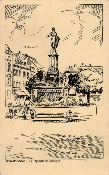 Postcard Traunstein in Oberbayern, Luitpoldbrunnen