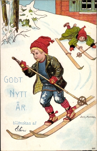 Artist PC Nyström, J., Happy New Year, children, accident, skiing