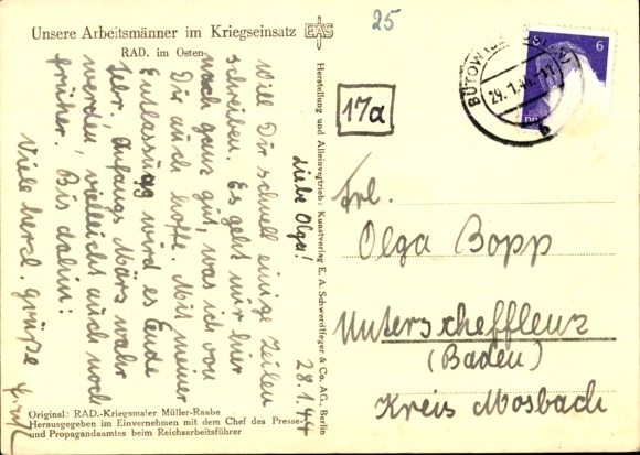 Artist Postcard Müller Raabe, Workers in War, RAD in the East, Reich Labor Service
