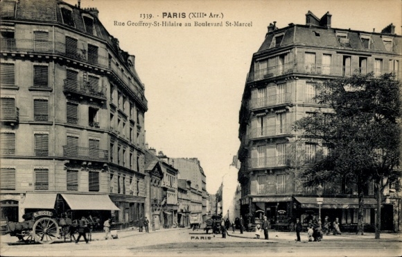 Ansichtkaart Paris XIII., Rue Geoffroy Saint Hilaire naar Boulevard Saint Marcel, rijtuig A. Bigey