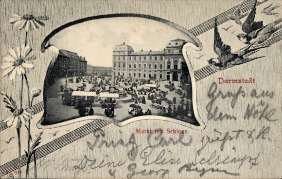 Passepartout PC Darmstadt in Hesse, market with castle, swallows
