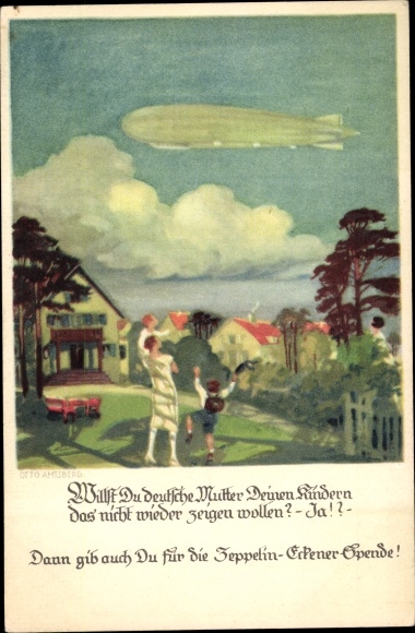 Artist PC Amtsberg, Otto, German mother shows children airship, Zeppelin Eckener donation