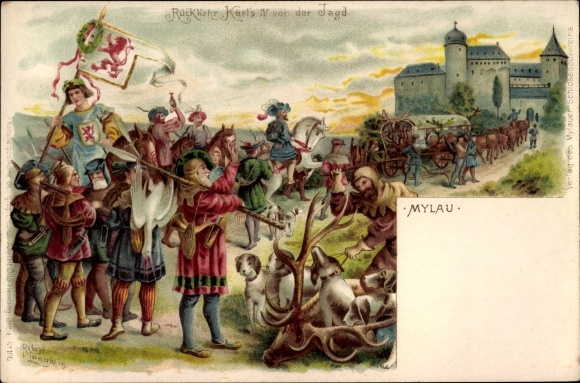 Artist Chromo-Litho Langbein, Robert, Mylau im Vogtland, Return of Charles IV from the hunt