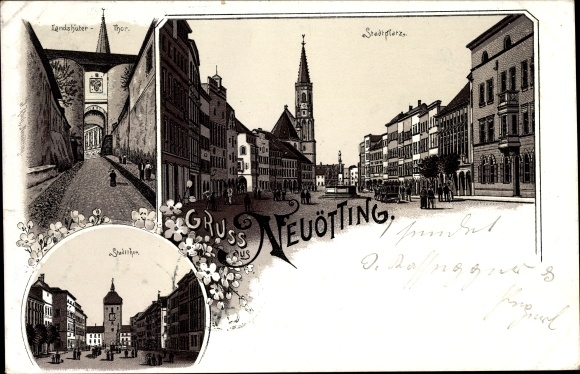 lito Neuötting Górna Bawaria, rynek, brama Landshut, brama miejska, fontanna, przechodnie
