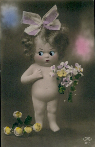 Mechanical Postcard doll with glass eyes, flowers