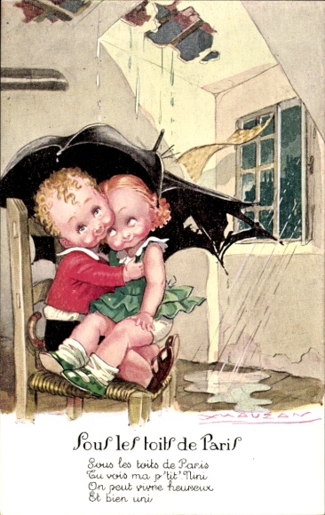 Kunstenaar Ak Mauzan, Onder de daken van Parijs, geliefden, regen, gat in het dak