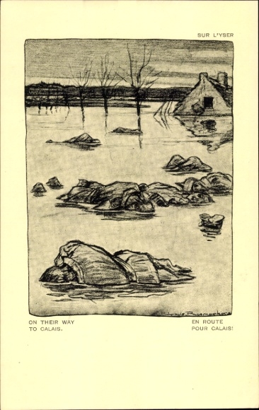 Artist PC Raemaerkers, Yser battlefield, on the way to Calais, fallen soldiers, WWI