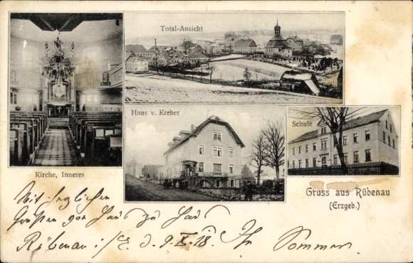 Postcard Rübenau Marienberg in the Ore Mountains Saxony, total view, house of Kreher, school, church, inner