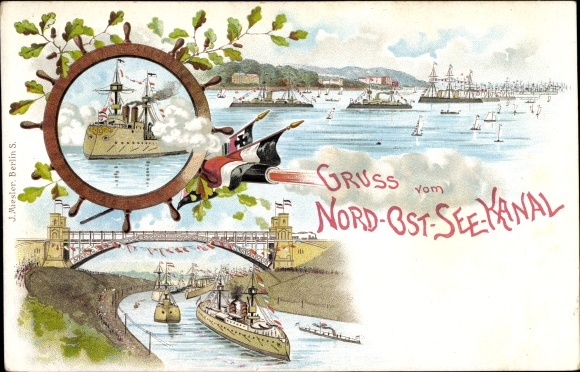 Chromo-Litho PC Hanseatic City of Kiel, greetings from the Kaiser Wilhelm Canal, flags, gun salute, Kiel Week