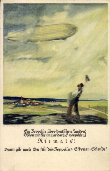Artist Postcard Amtsberg, Otto, Zeppelin Eckener donation, waving man, airship