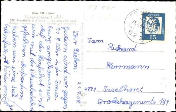 Postcard Freusburg Kirchen an der Sieg, youth castle, swimming pool, cross, partial view, Gasthof Ache