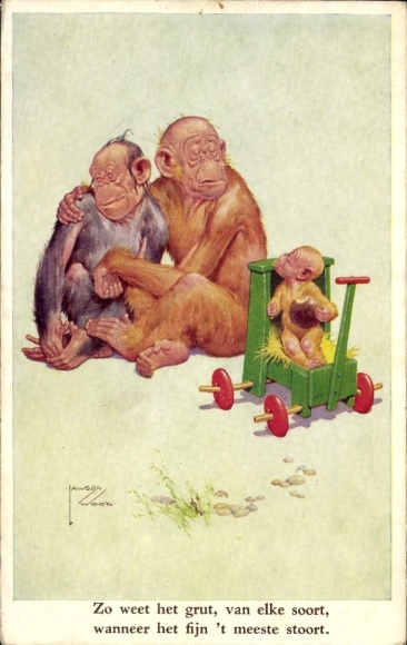 Artist Postcard Wood, Lawson, Humanized Apes, Child in a Handcart