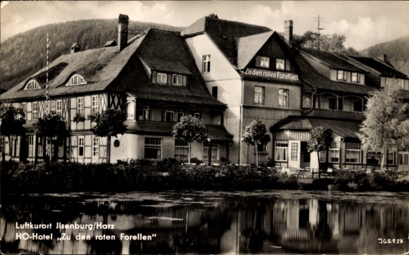 Ilsenburg in the Harz Mountains, HO-Hotel "Zu den roten Forellen", building, water, landscape