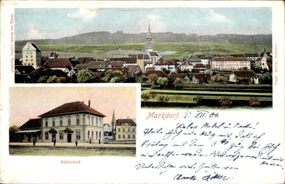 Postcard Markdorf Bodenseekreis Baden, general view, train station