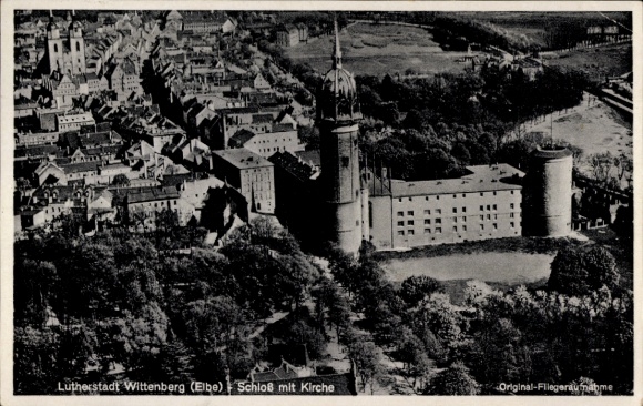 Postcard Lutherstadt Wittenberg, castle with church, original aerial photograph