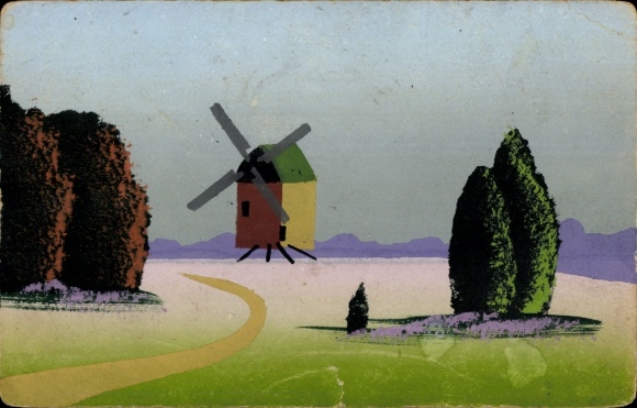 Hand-painted Postcard landscape, windmill