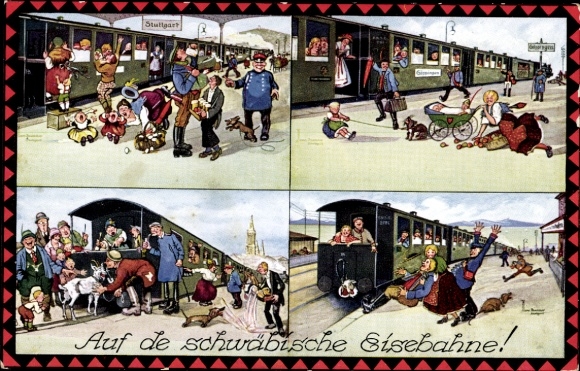 Ak Partie am Bahnsteig, Auf die schwäbische Eisenbahne, Reisende