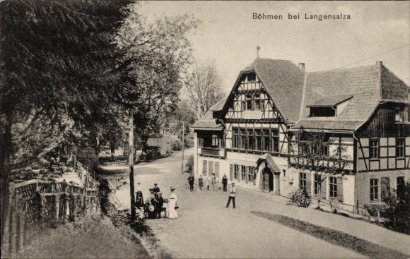 Postcard Bohemia Bad Langensalza Thuringia, historical building, street, trees, people, black and white