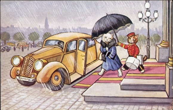Postcard Humanized cat is escorted to the car in the rain, page, umbrella