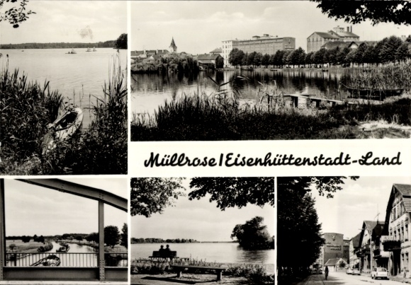 Postcard Müllrose in Brandenburg, view from the shore to the water, street view
