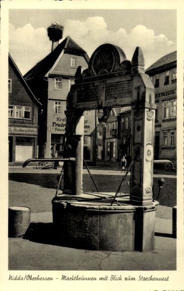 Photo Postcard Nidda in Oberhessen, market fountain, stork's nest