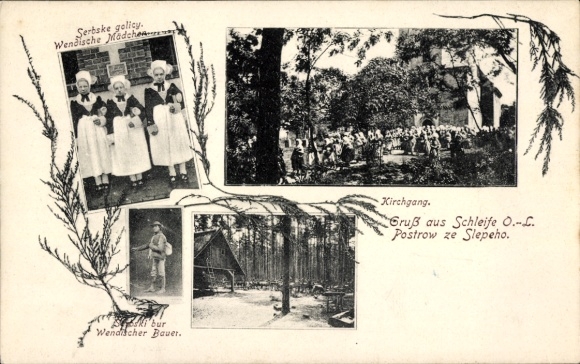 Postcard Schleife in Upper Lusatia, Wendish girls in traditional costume, church service, Wendish farmer